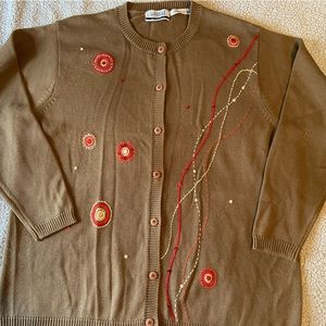 Jantzen Tan Cardigan, XL, hand embroidered with embellishments. Plus size.